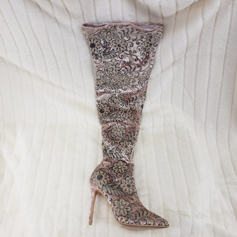 Pink Velvet Floral Embroidered Sequin OTK Boots - Picture 3 of 8